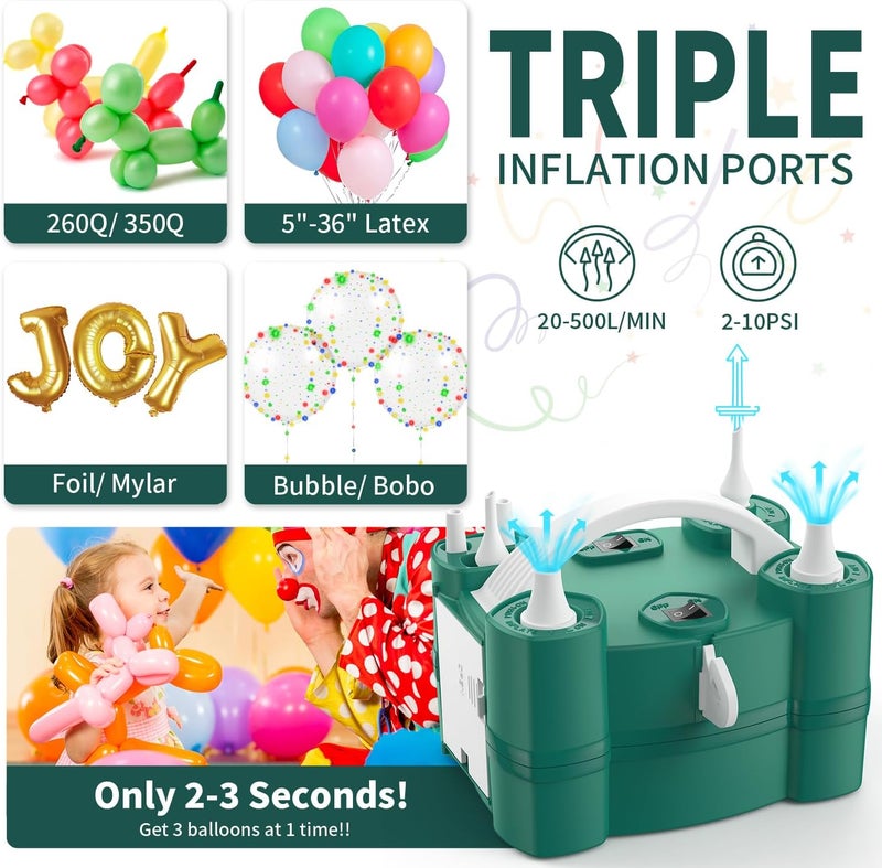 LooLaa Balloon Pump 3-in-1 Electric Air Pump for All Balloons& Inflatables, Triple Inflating Ports for Latex 260q Foil Mylar Balloon Inflation, Quick-Fill Inflator Deflator for Pool Floats Air Beds - Image 2